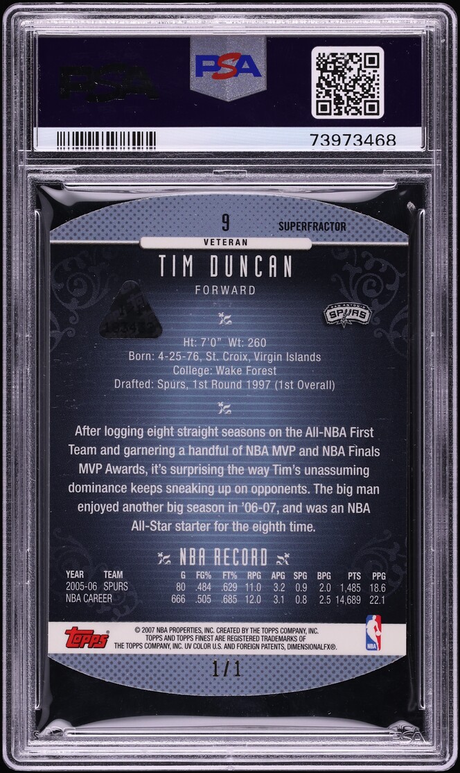2006 Finest Superfractor Die-Cut Tim Duncan 1/1 #9 PSA 8 NM-MT - Photo 2