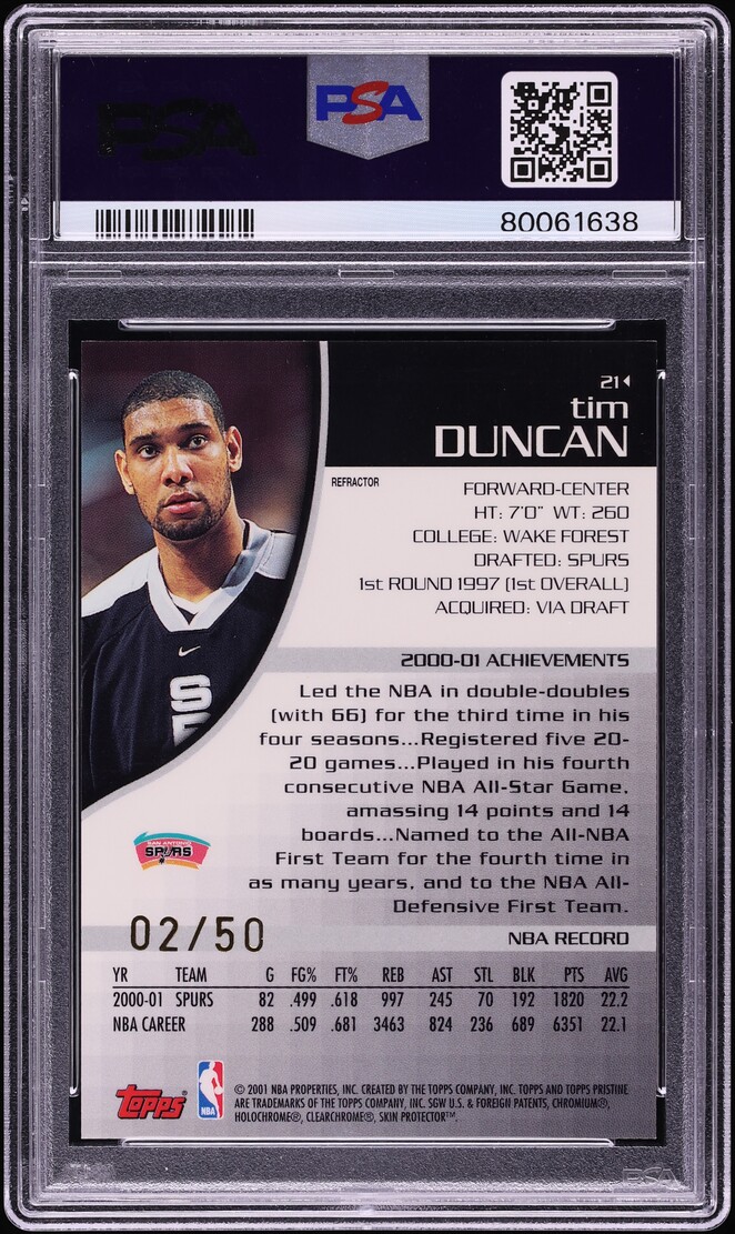 2001 Topps Pristine Refractor Tim Duncan /50 #21 PSA 9 MINT - Photo 2