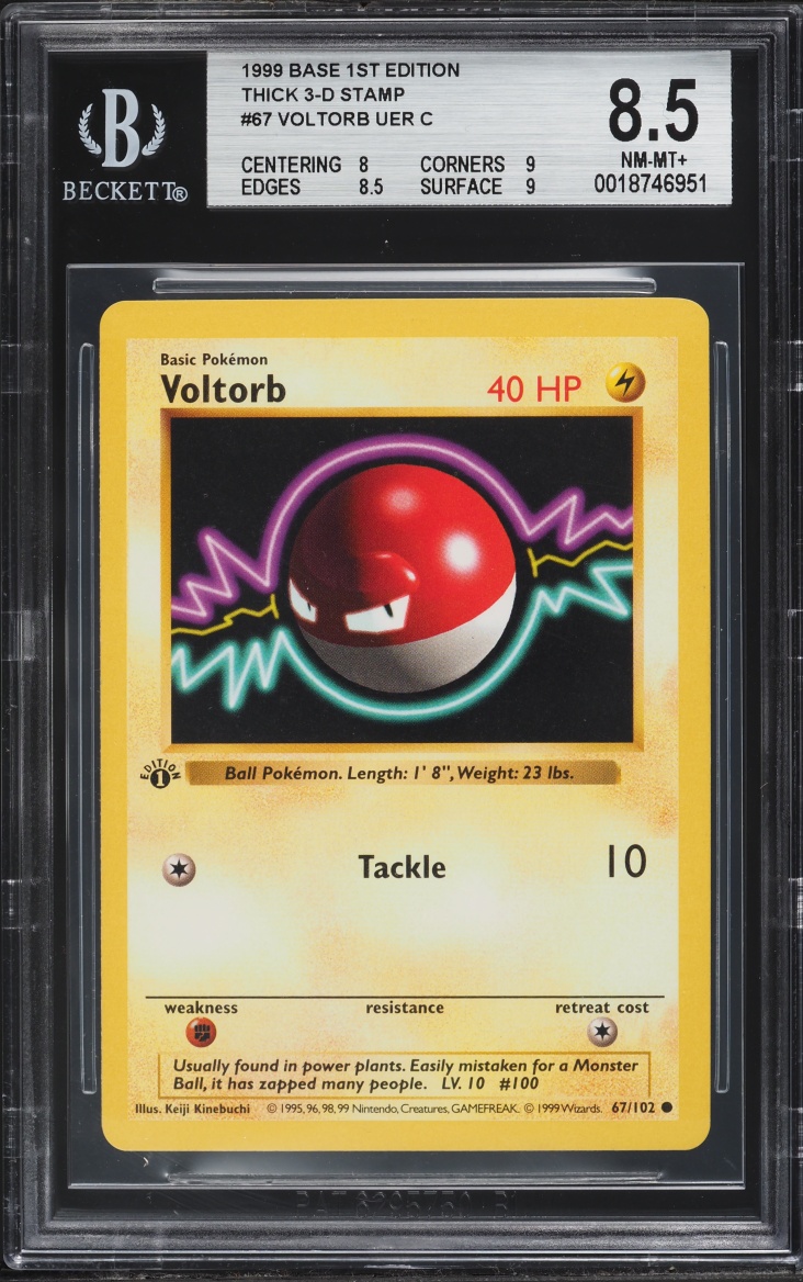 1999 Pokemon Base Shadowless 1st Edition 3D Thick Stamp Voltorb #67 BGS 8.5 NM-MT+