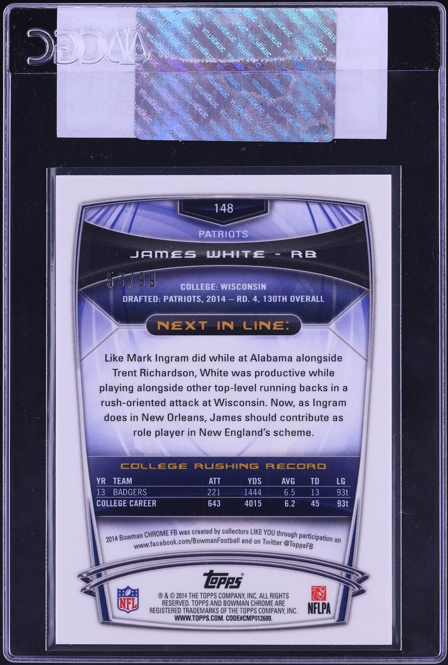 2014 Bowman Chrome Bubbles Refractor James White ROOKIE /99 #148 CGC AUTH