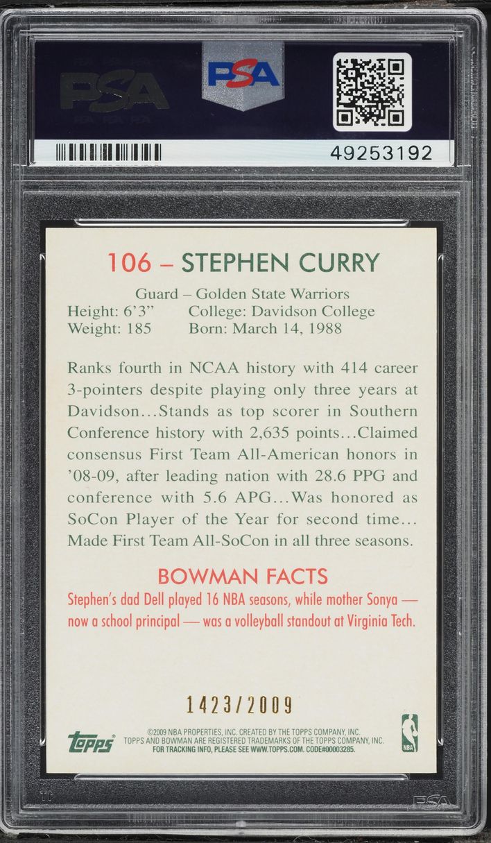 2009 Bowman '48 Stephen Curry ROOKIE /2009 #106 PSA 9 MINT