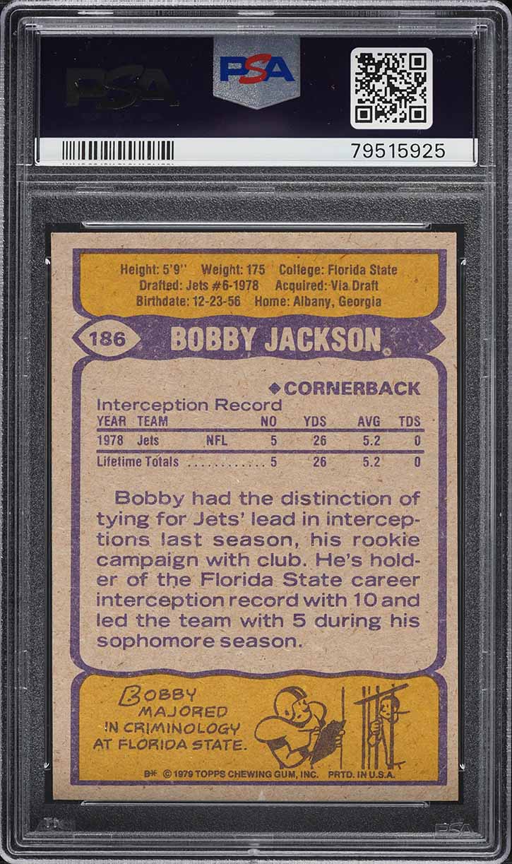 1979 Topps Football Bobby Jackson ROOKIE #186 PSA 10 GEM MINT
