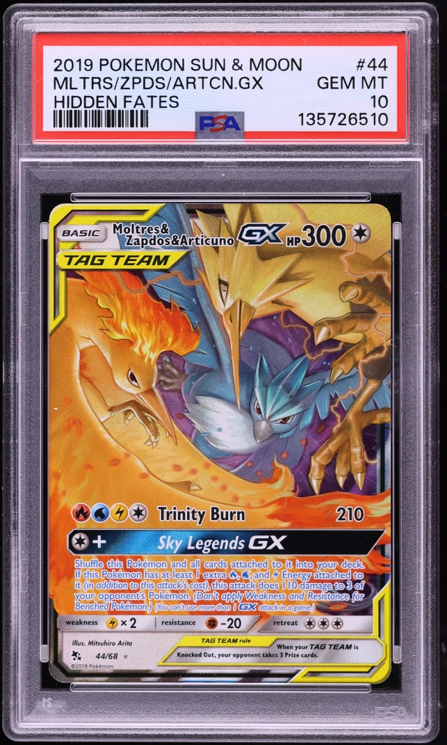 2019 Pokemon Sun & Moon Hidden Fates Moltres Zapdos Articuno GX #44 PSA 10 GEM MINT