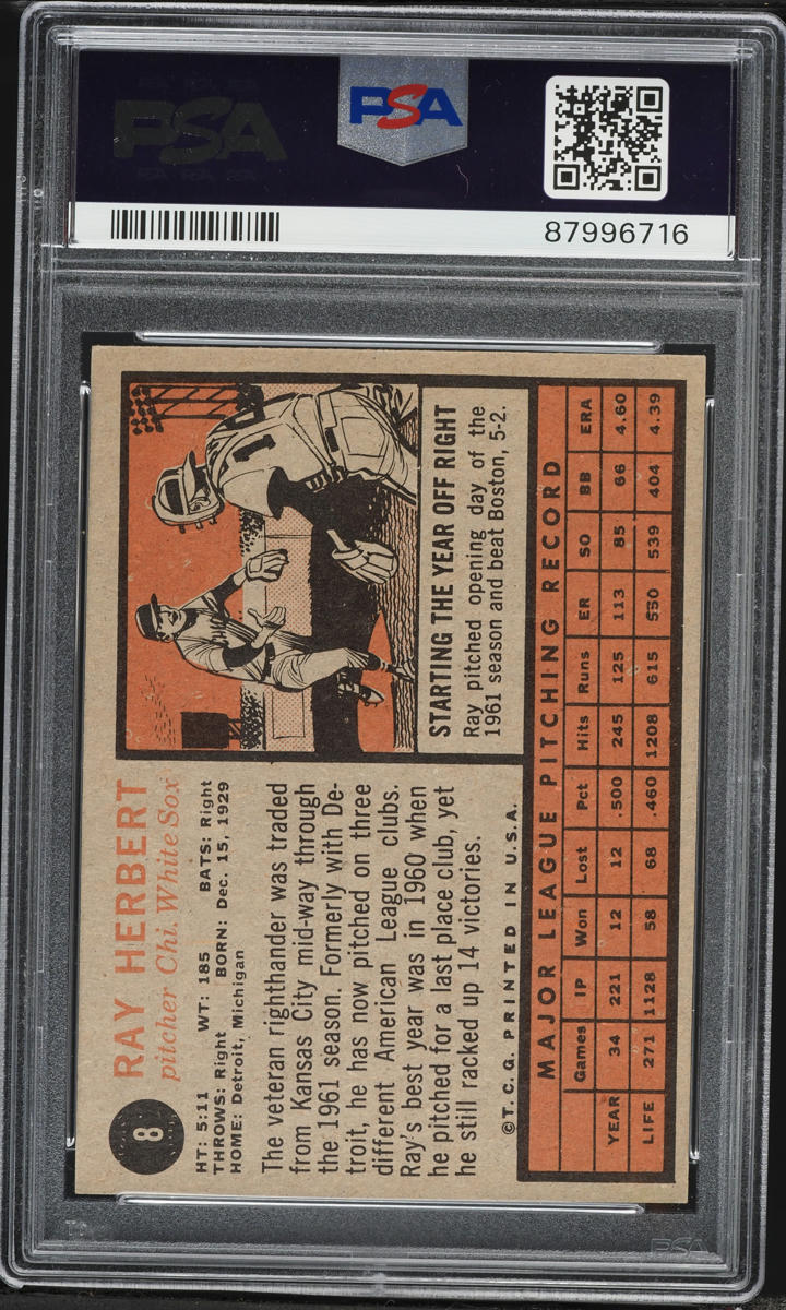 1962 Topps Ray Herbert #8 PSA 5 EX