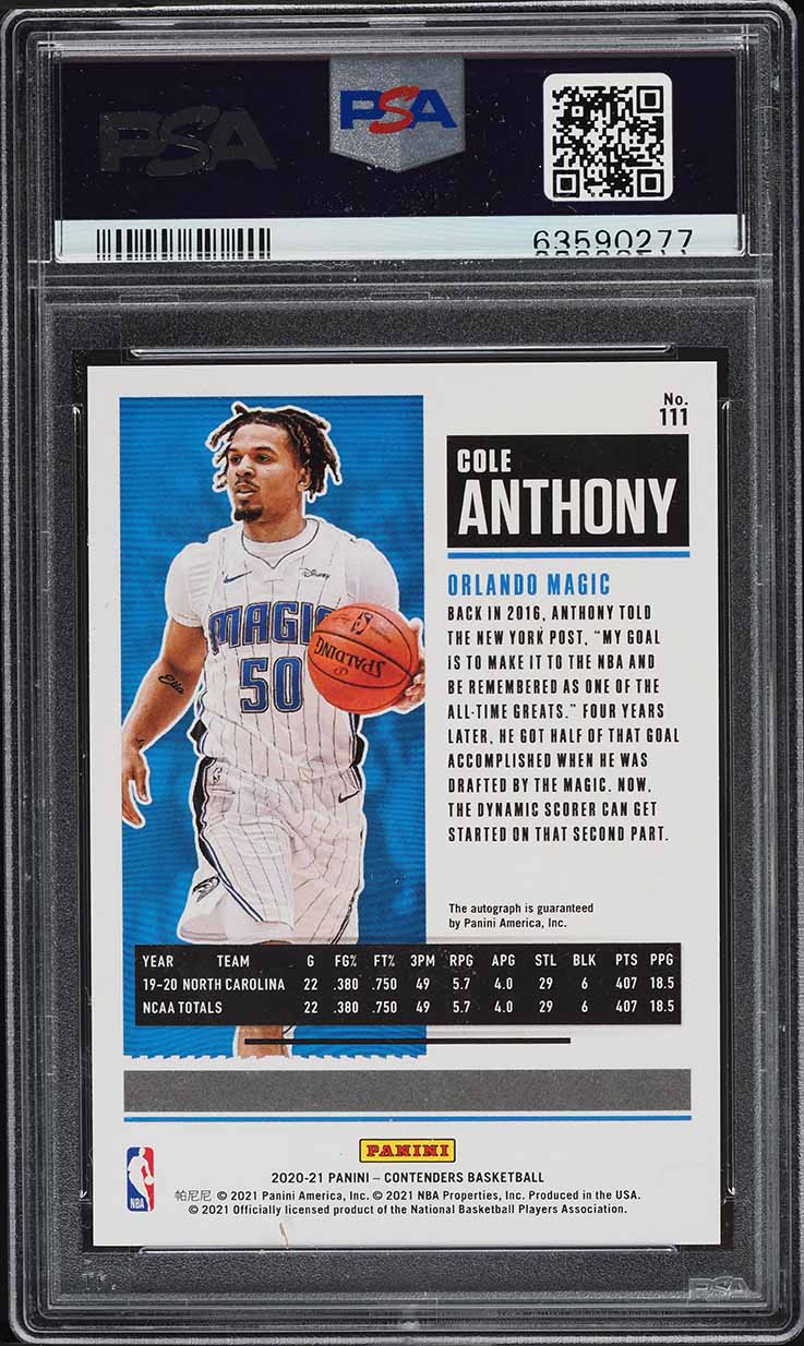 2020 Panini Contenders Cracked Ice Cole Anthony ROOKIE AUTO /25 #111 ...
