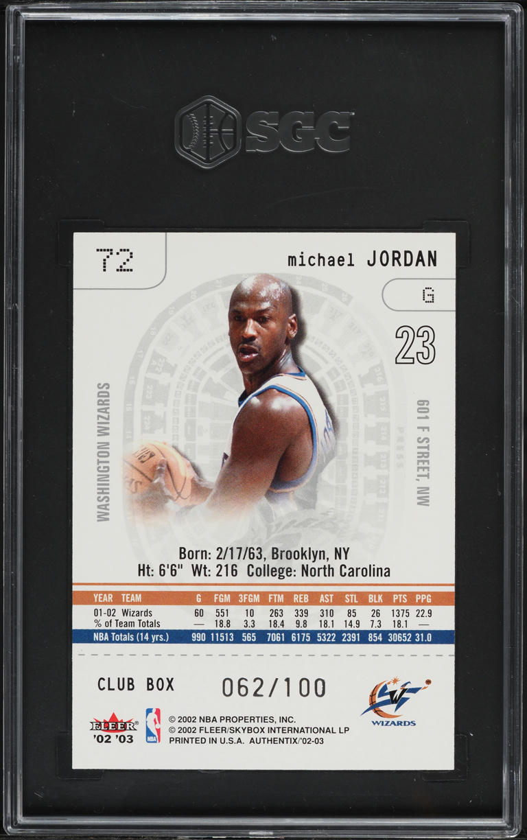 2002 Fleer Authentix Club Box Michael Jordan /100 #72 SGC 9.5 MINT+