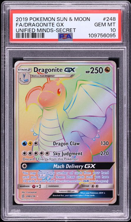 2019 Pokemon Sun & Moon Unified Minds Rainbow Rare Dragonite GX #248 PSA 10 GEM MINT