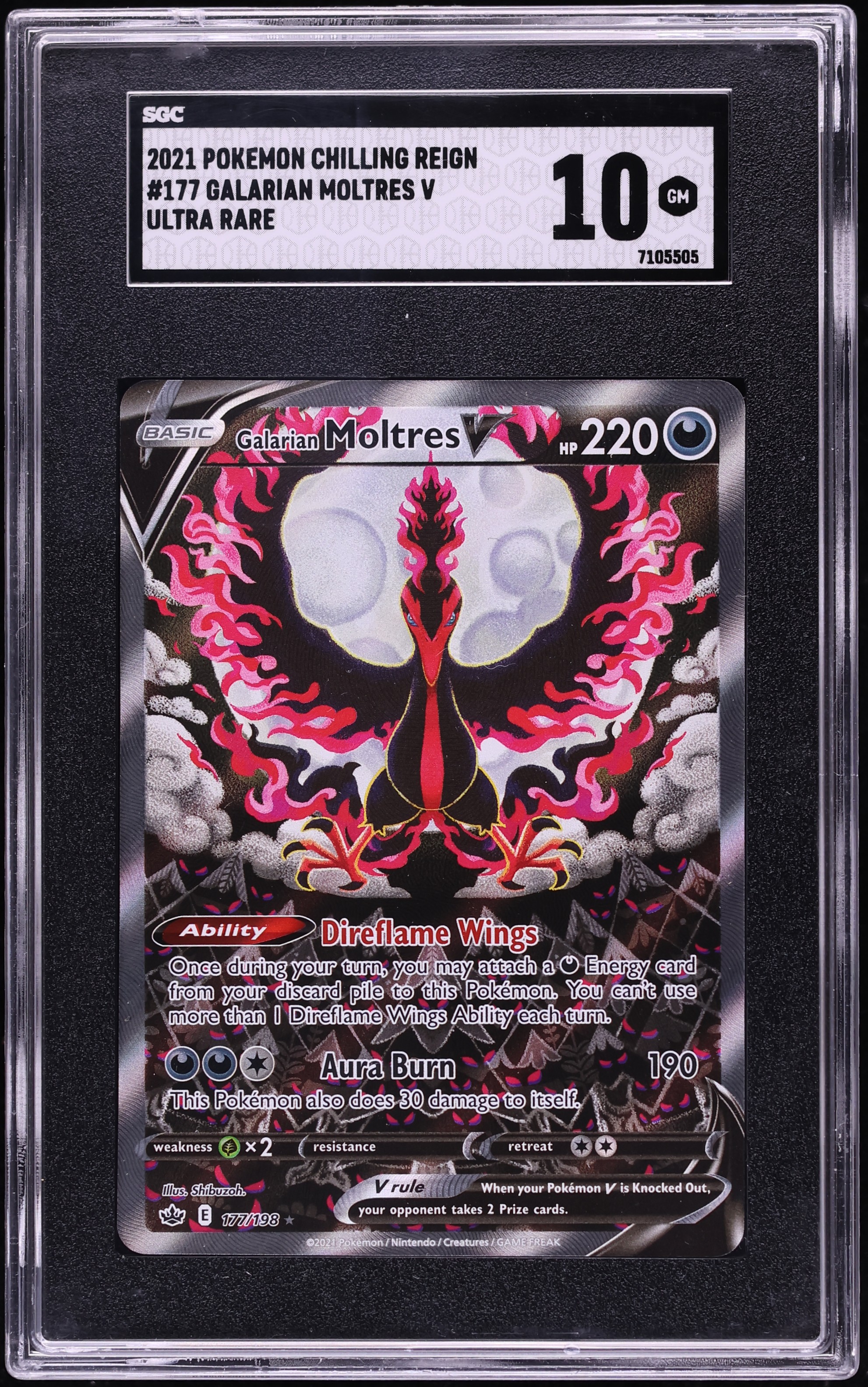 2021 Pokemon Sword & Shield Chilling Reign Full Art Galarian Moltres V #177 SGC 10 GEM MINT