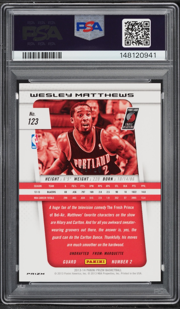 2013 Panini Prizm Gold Wesley Matthews /10 #123 PSA 8 NM-MT