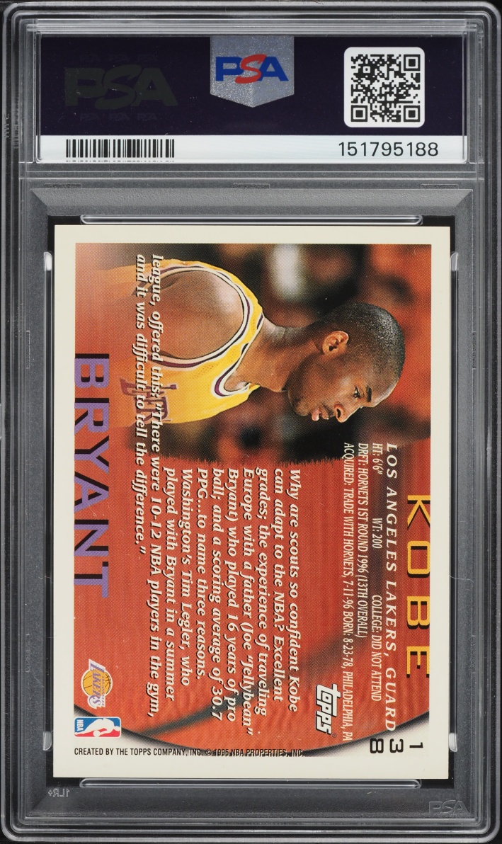 1996 Topps Basketball Kobe Bryant ROOKIE #138 PSA 9 MINT