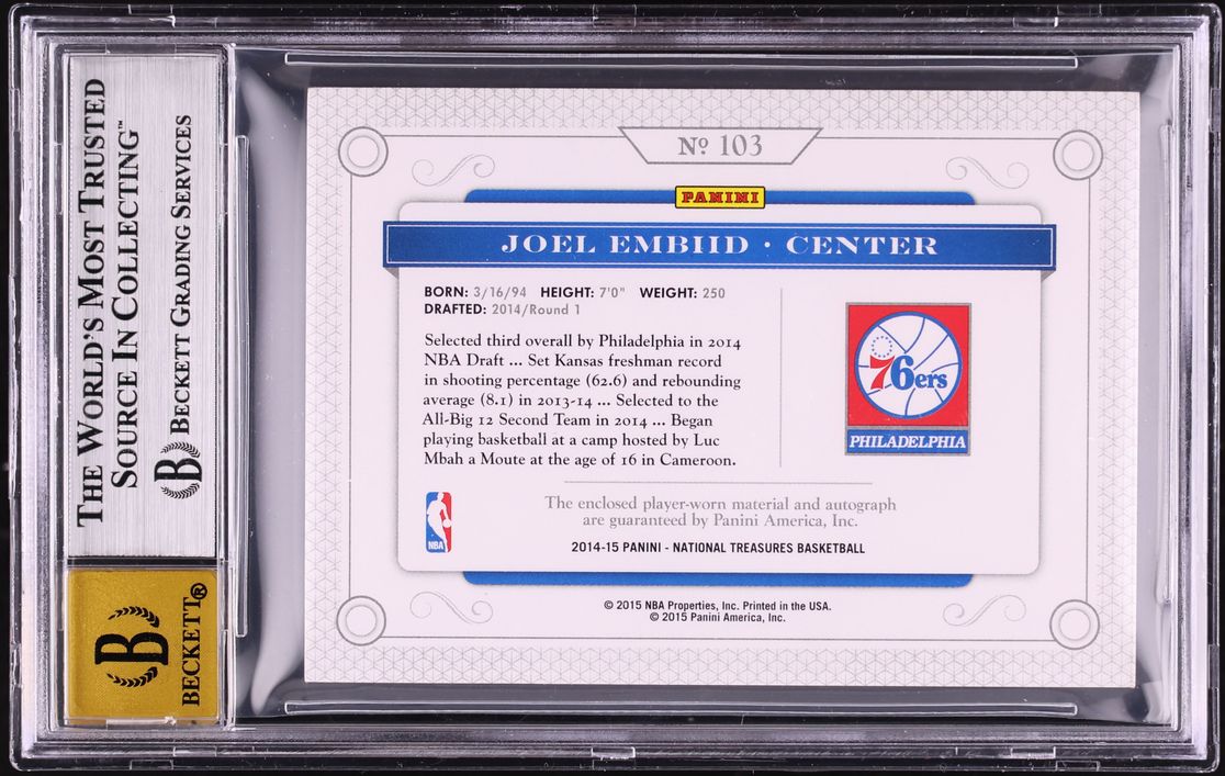 2014 National Treasures Joel Embiid ROOKIE LOGOMAN PATCH AUTO 1/1 #103 BGS 8.5 NM-MT+