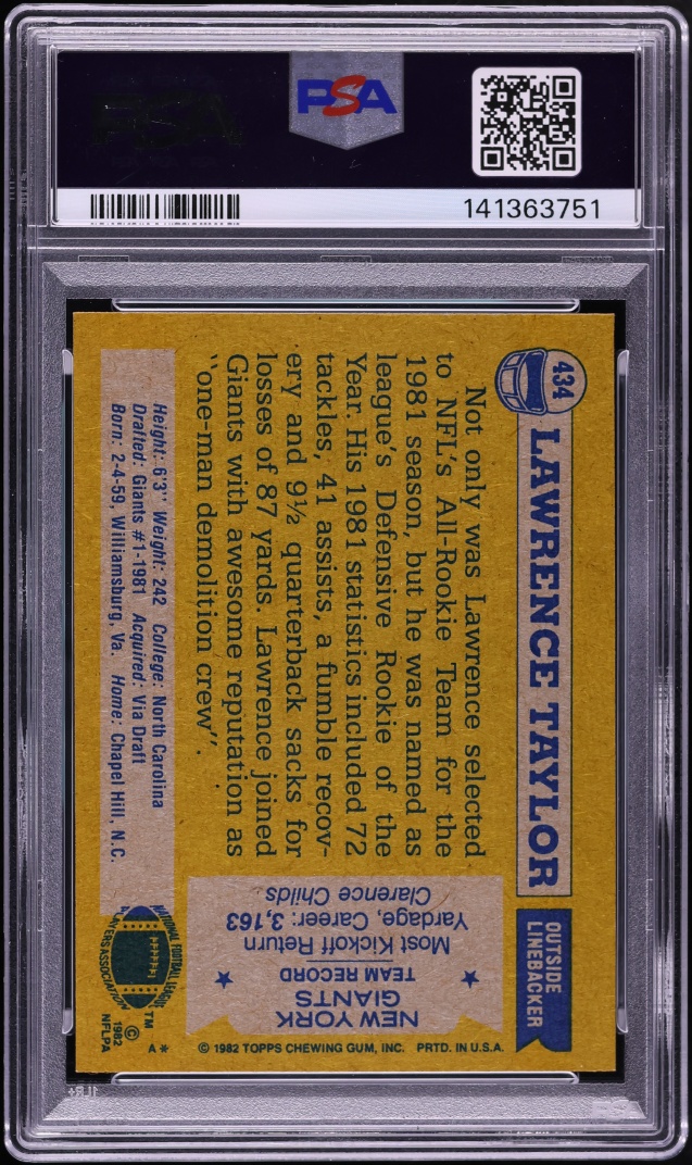 1982 Topps Football Lawrence Taylor ROOKIE, ALL-PRO #434 PSA 8 NM-MT
