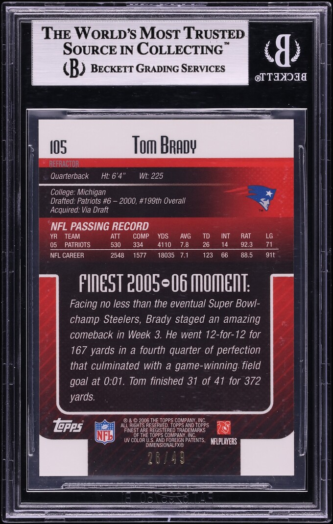 2006 Finest Gold Refractor Tom Brady /49 #105 BGS 8.5 NM-MT+ - Photo 2