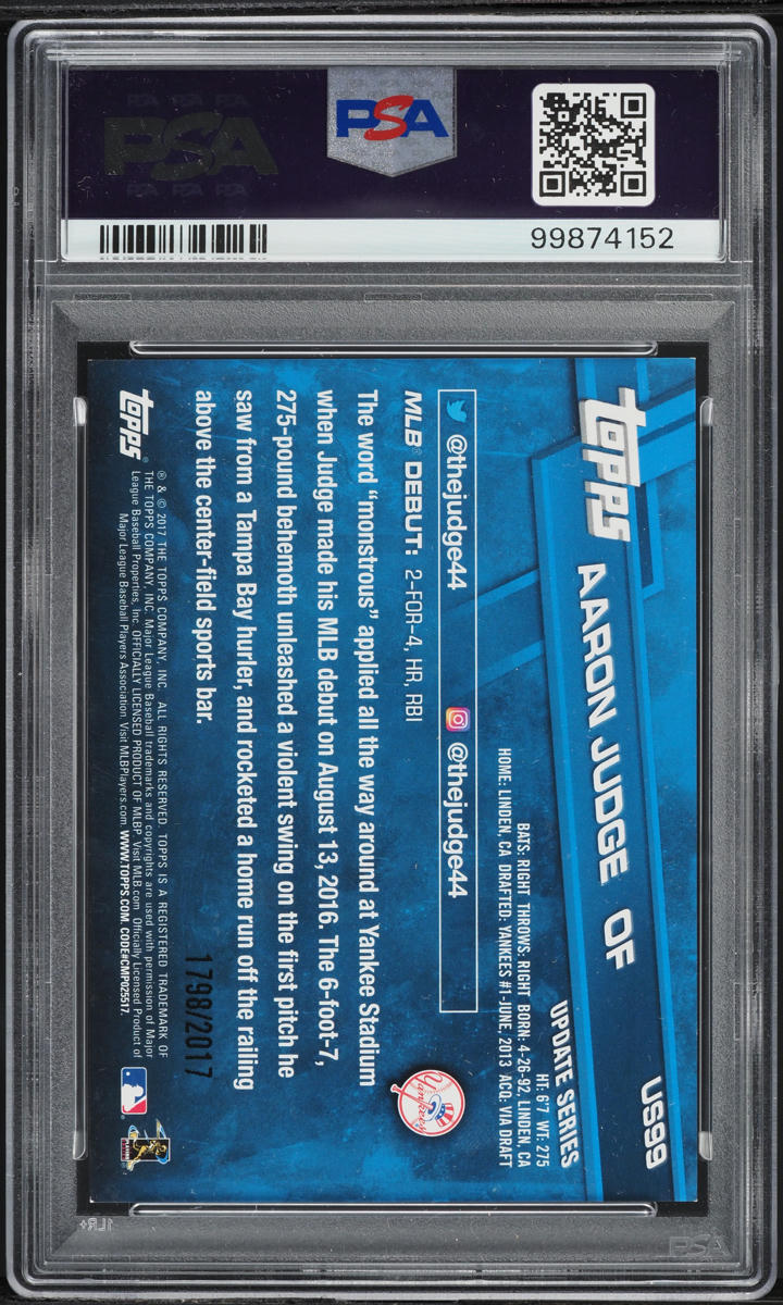 2017 Topps Update Debut Gold Aaron Judge ROOKIE /2017 #US99 PSA 8 NM-MT