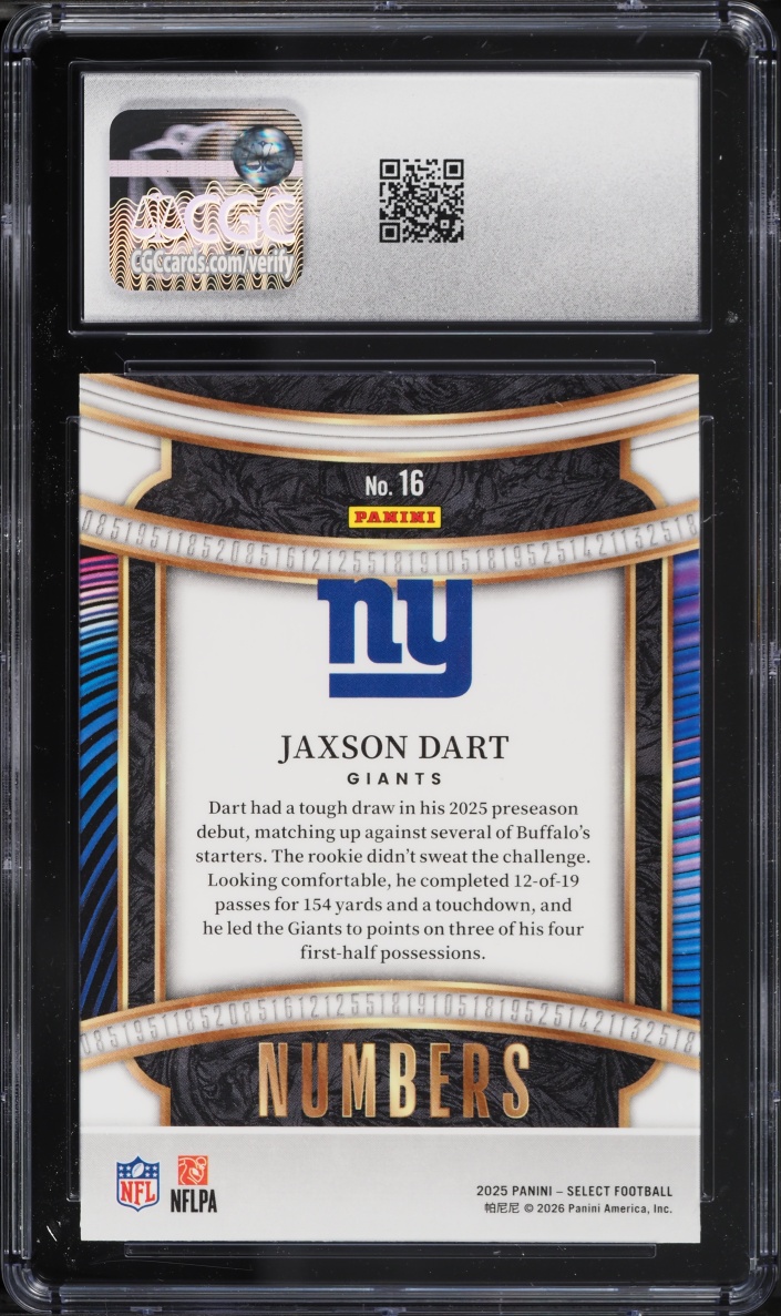 2025 Select Numbers Jaxson Dart ROOKIE #16 CGC 10 GEM MINT