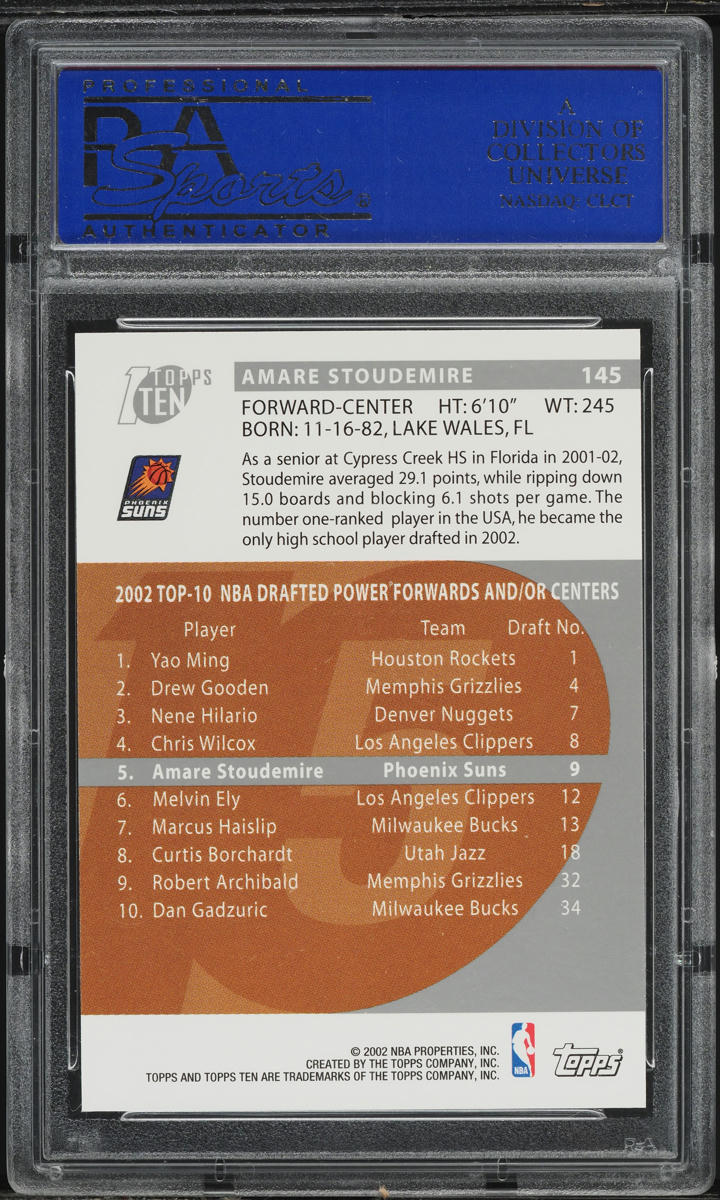 2002 Topps Ten Parallel Amare Stoudemire ROOKIE #145 PSA 10 GEM MINT