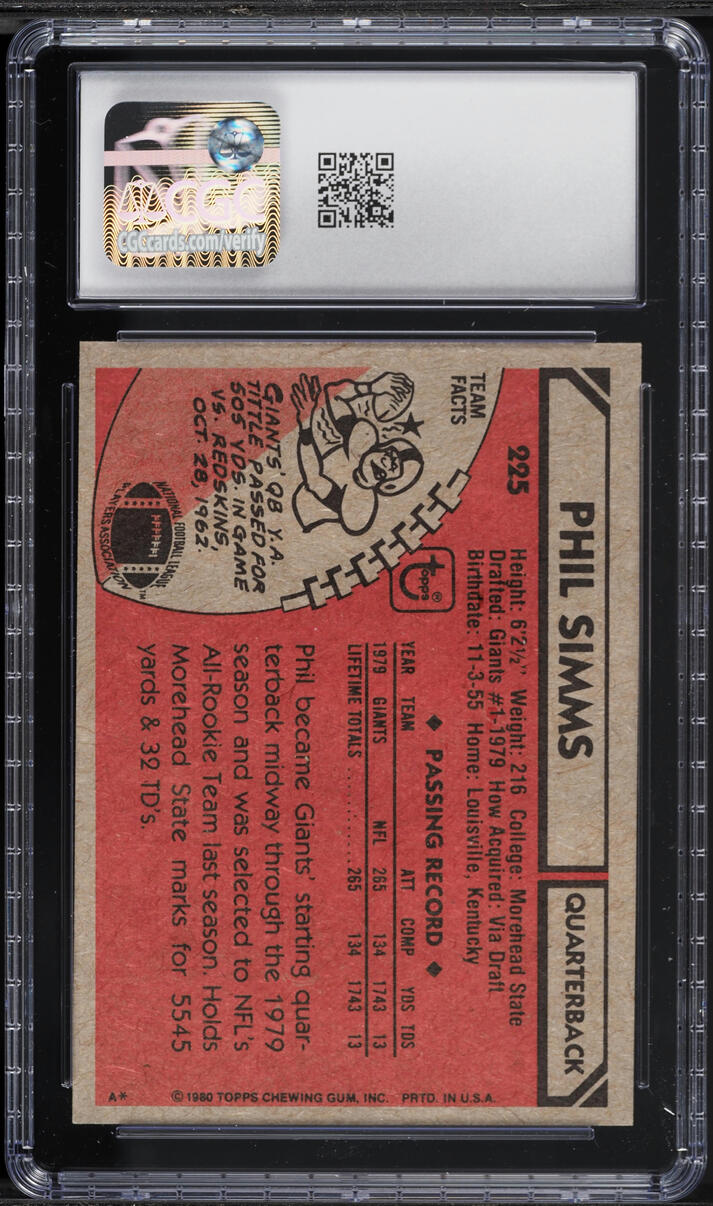 1980 Topps Football Phil Simms ROOKIE #225 CGC 5.5 EX+
