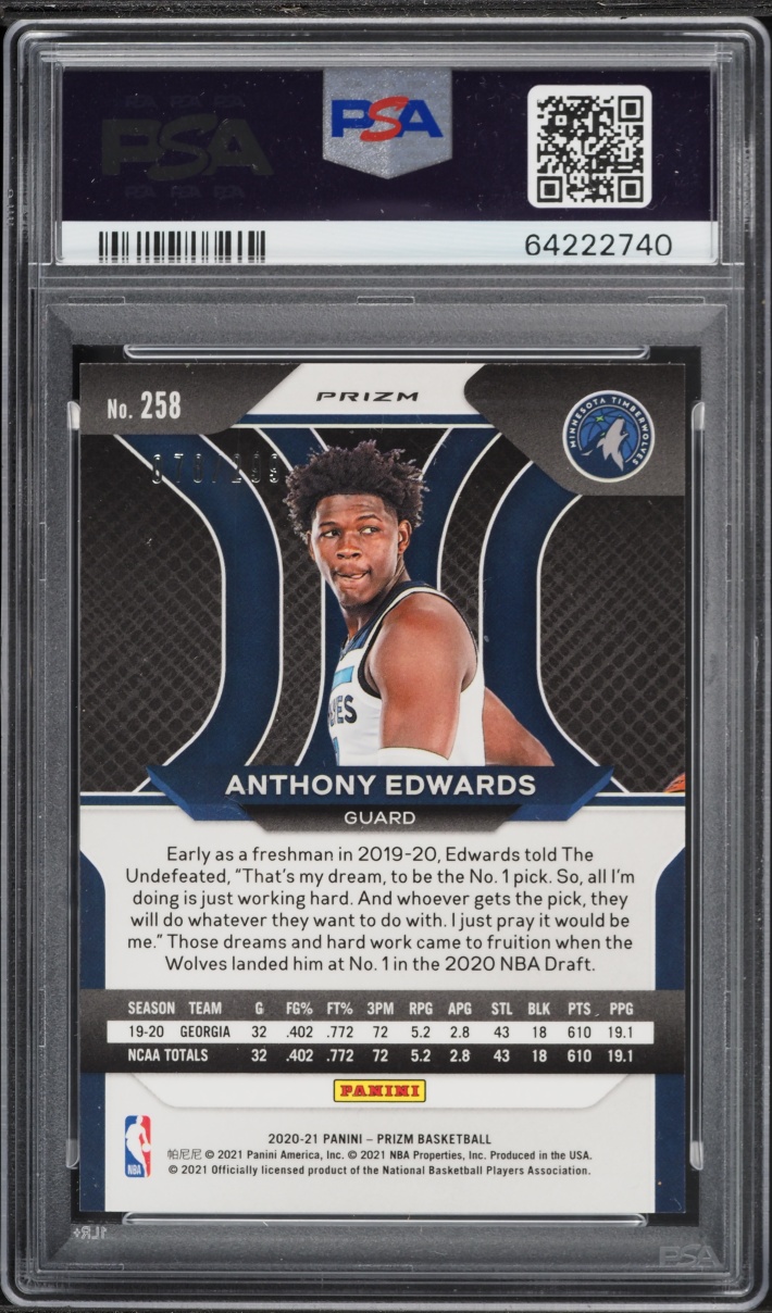 2020 Panini Prizm Red Anthony Edwards ROOKIE /299 #258 PSA 10 GEM MINT