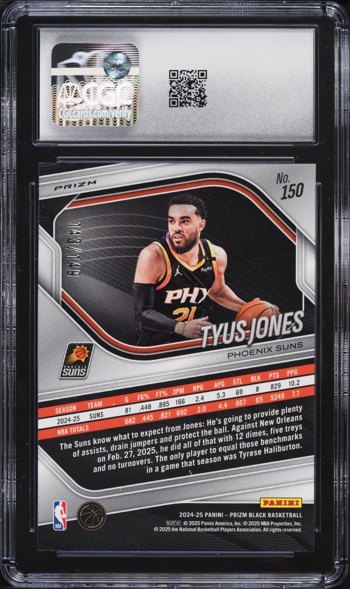 2024 Panini Prizm Black Purple Ice Tyus Jones /149 #150 CGC 10 GEM MINT