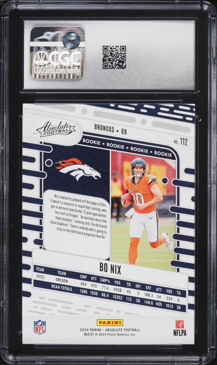 2024 Absolute Football Bo Nix ROOKIE #112 CGC 10 GEM MINT