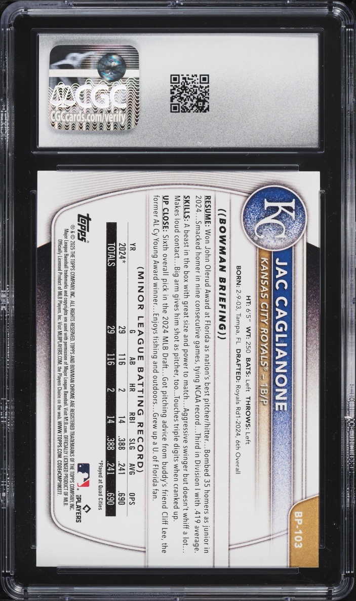 2025 Bowman Jac Caglianone PROSPECT #BP-103 CGC 10 GEM MINT