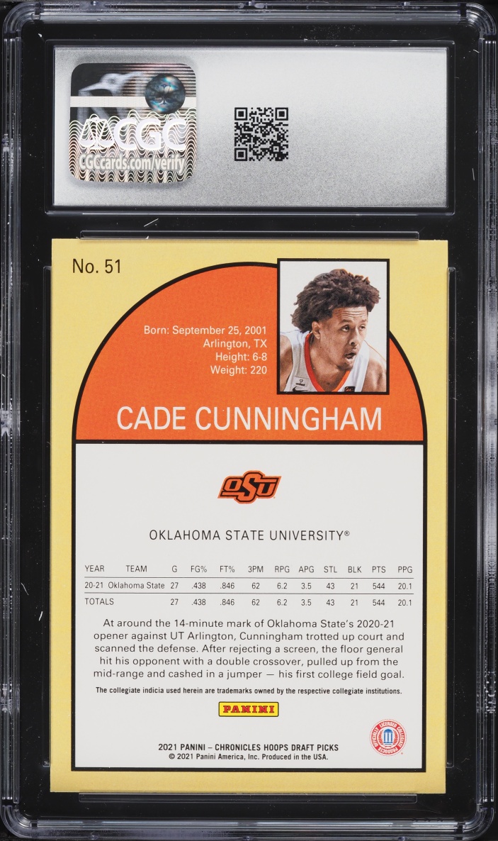 2021 Panini Chronicles Draft Picks Hoops Retro Cade Cunningham ROOKIE #51 CGC 10 GEM MINT