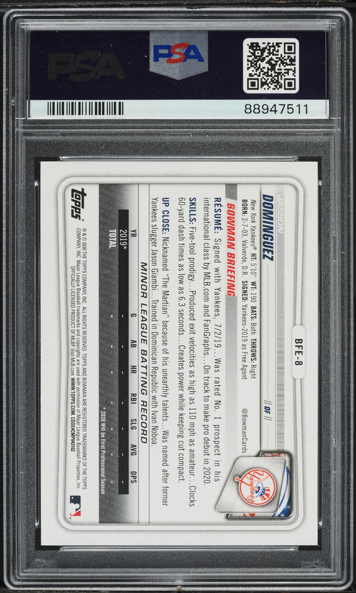 2020 Bowman 1st Edition Sky Blue Foil Jasson Dominguez PROSPECT #BFE-8 PSA 10 GEM MINT
