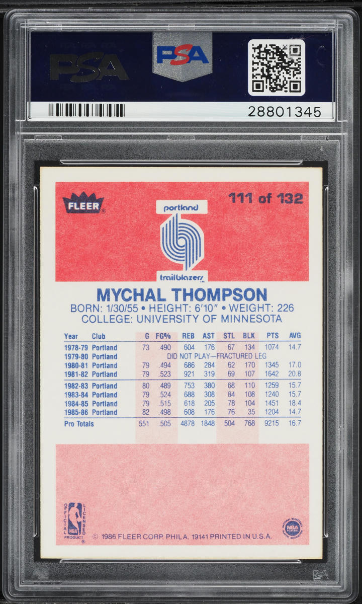 1986 Fleer Basketball Mychal Thompson #111 PSA 10 GEM MINT