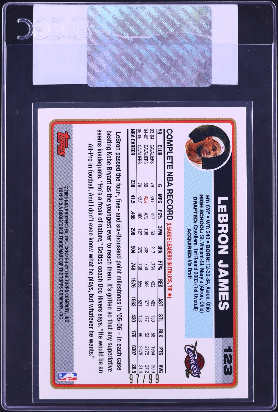 2006 Topps LeBron James Black /99 #123 CGC AUTH - Photo 2
