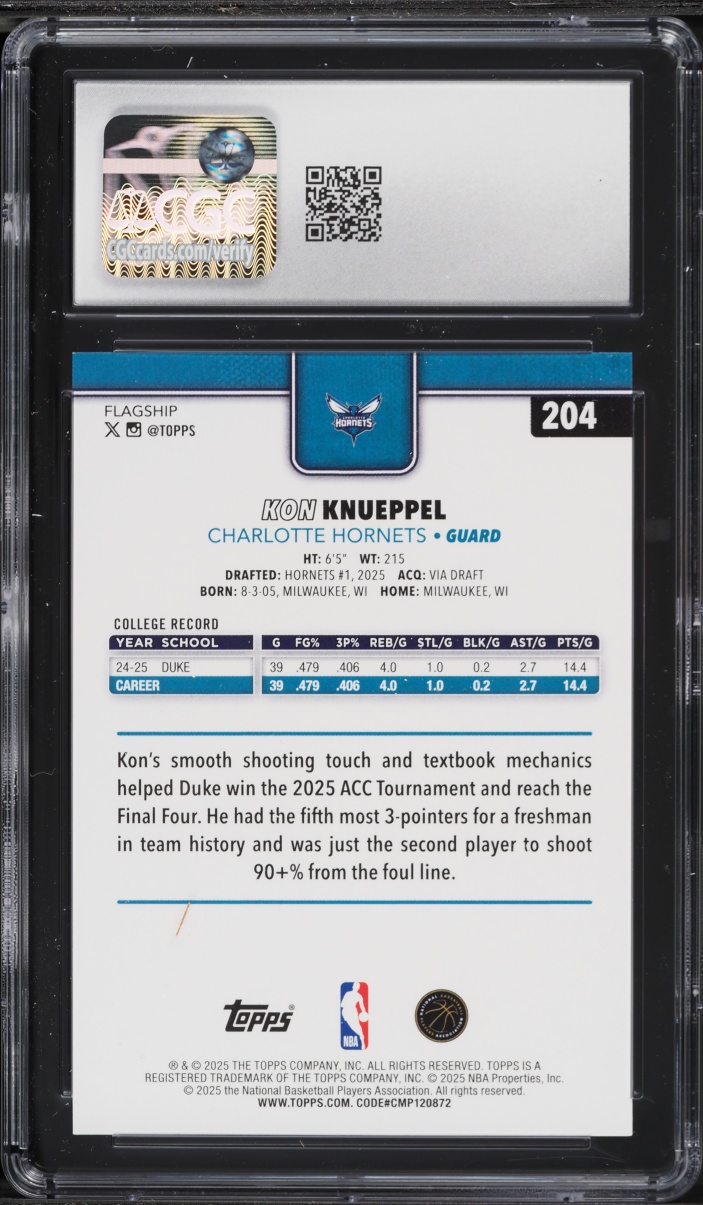2025 Topps Basketball Kon Knueppel ROOKIE #204 CGC 9 MINT