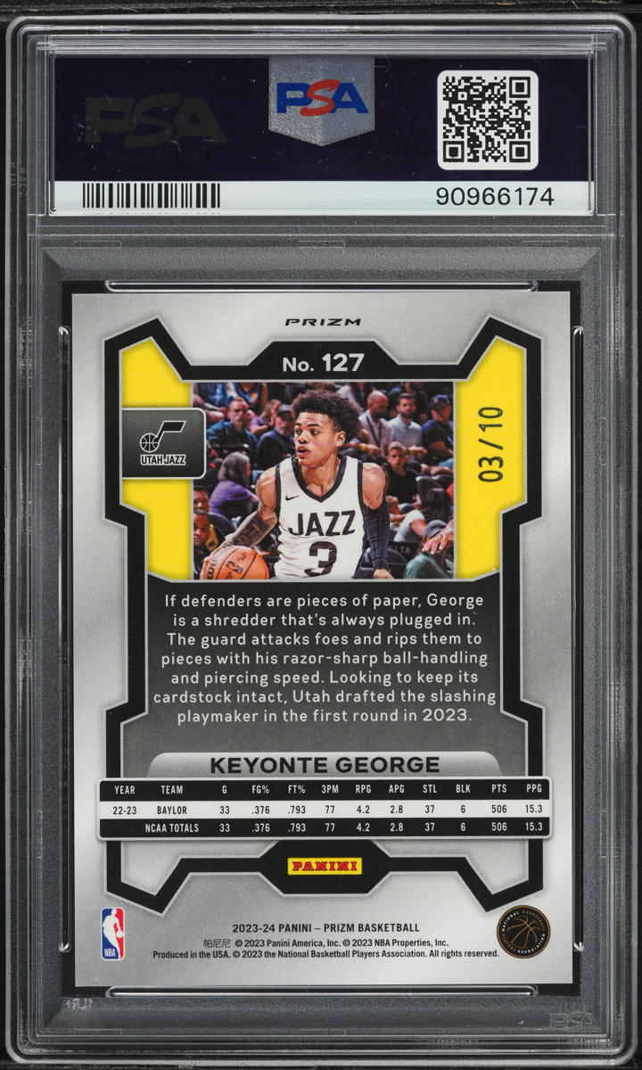 2023 Panini Prizm Gold Keyonte George ROOKIE JERSEY # 3/10 #127 PSA 10 GEM MINT