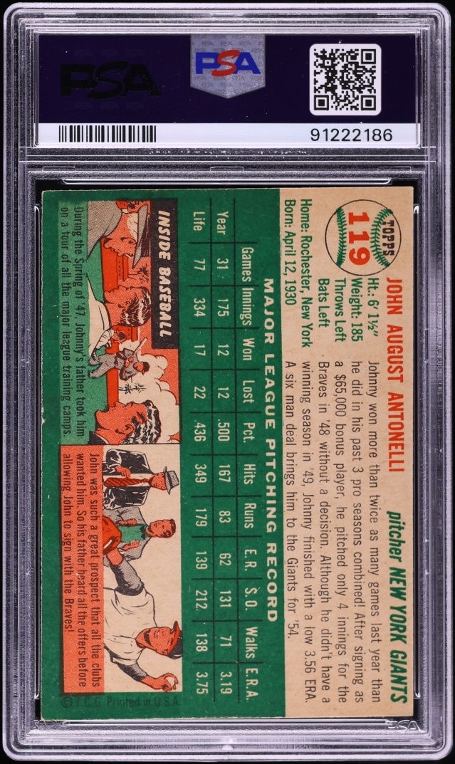 1954 Topps Johnny Antonelli #119 PSA 6 EXMT