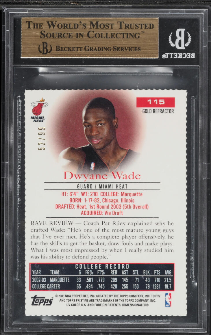 2003 Topps Pristine Gold Refractor Dwyane Wade ROOKIE /99 #115 BGS 9.5 GEM MINT - Photo 2
