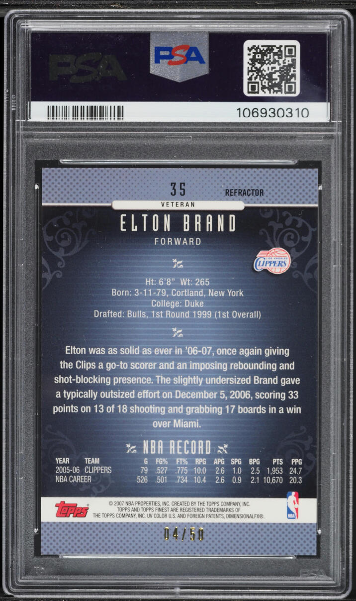 2006 Finest Gold Refractor Elton Brand /50 #35 PSA 10 GEM MINT - Photo 2