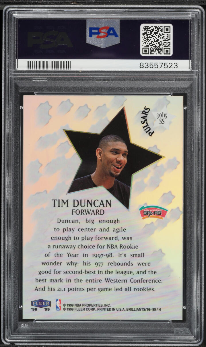 1998 Fleer Brilliants Shining Stars Pulsar Tim Duncan #3 PSA 10 GEM MINT - Photo 2