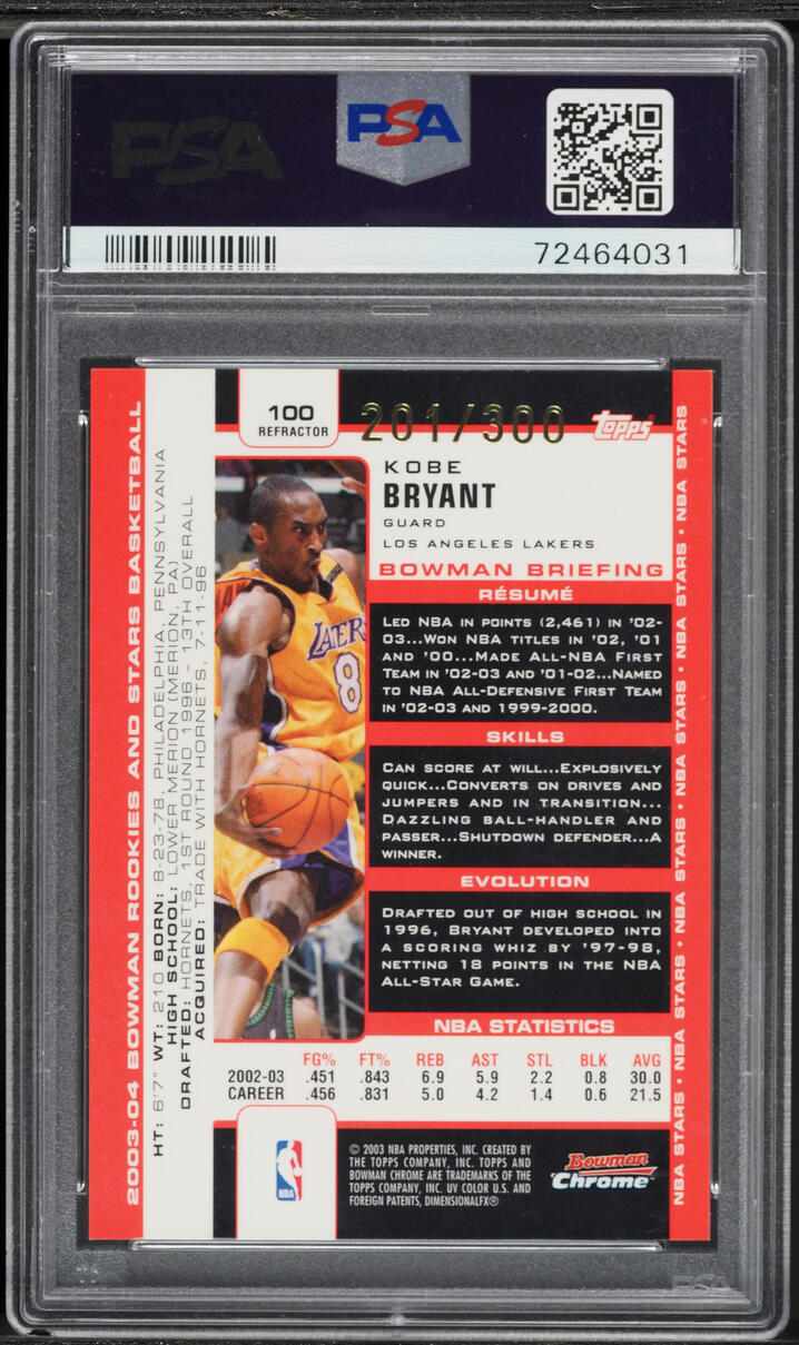 2003 Bowman Chrome Refractor Kobe Bryant /300 #100 PSA 10 GEM MINT - Photo 2