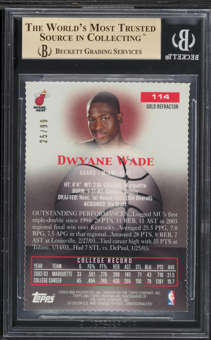 2003 Topps Pristine Gold Refractor Dwyane Wade ROOKIE /99 #114 BGS 9.5 GEM MINT - Photo 2