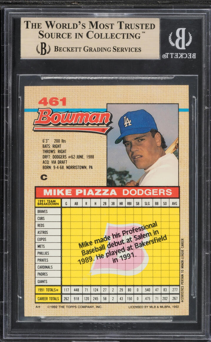 1992 Bowman Mike Piazza ROOKIE #461 BAS BGS 9.5 GEM MINT - Photo 2