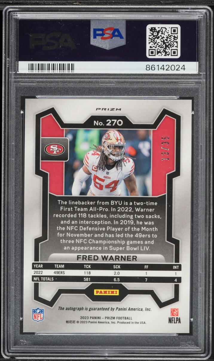 2023 Panini Prizm Red Shimmer Fred Warner AUTO /35 #270 PSA 9 MINT - Photo 2