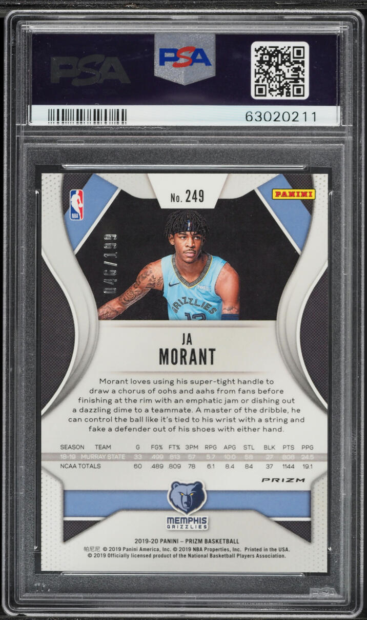 2019 Panini Prizm Blue Ja Morant ROOKIE /199 #249 PSA 10 GEM MINT - Photo 2