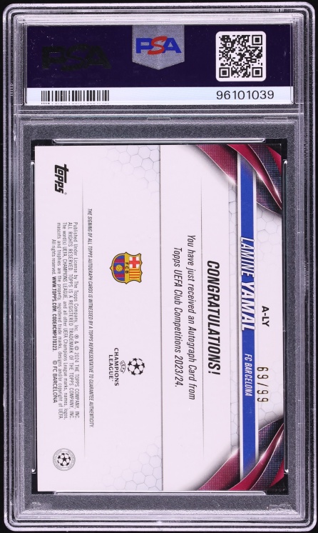 2023 Topps UEFA CC Blue Icy Foilboard Lamine Yamal ROOKIE AUTO /99 #A-LY PSA 9 MINT - Photo 2