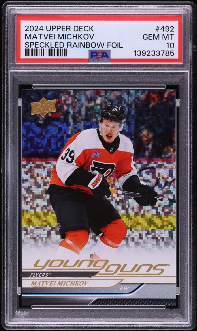 2024 Upper Deck Young Guns Speckled Rainbow Foil Matvei Michkov ROOKIE #492 PSA 10 GEM MINT