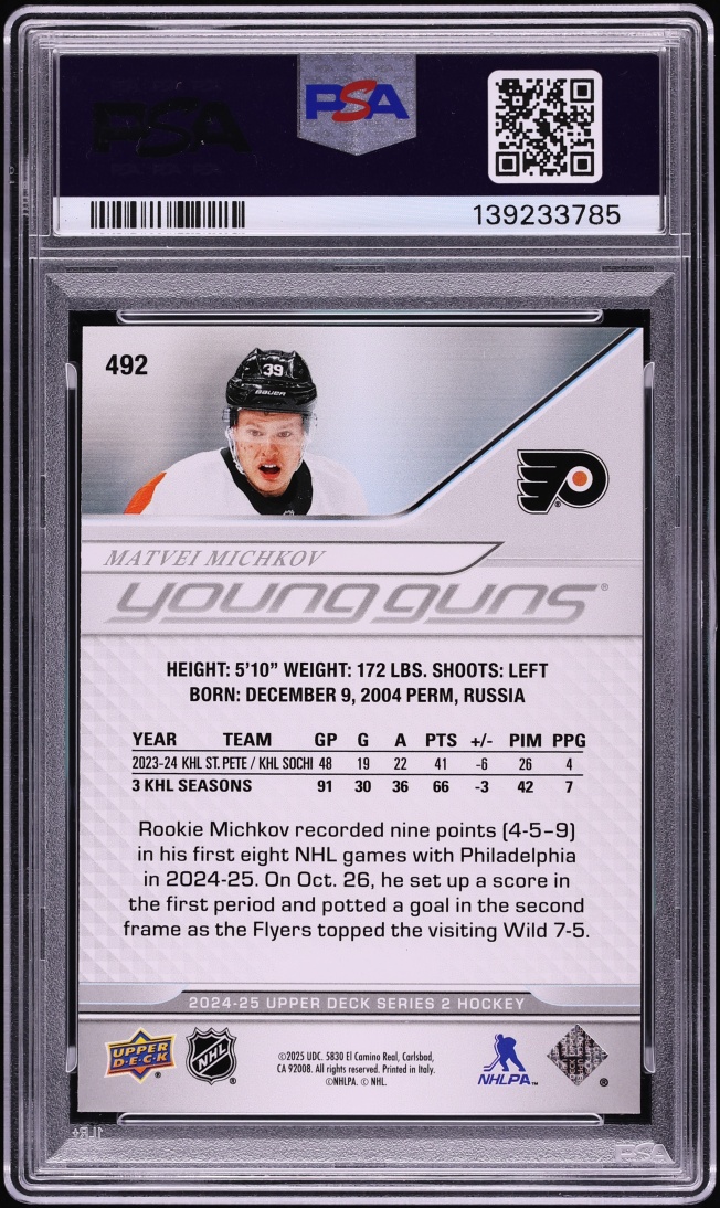 2024 Upper Deck Young Guns Speckled Rainbow Foil Matvei Michkov ROOKIE #492 PSA 10 GEM MINT
