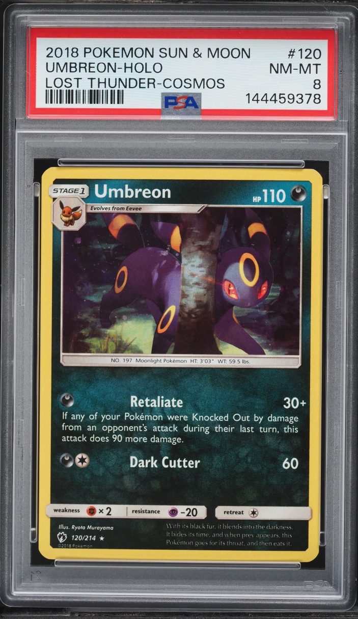 2018 Pokemon Sun & Moon Lost Thunder Cosmos Holo Umbreon #120 PSA 8 NM-MT