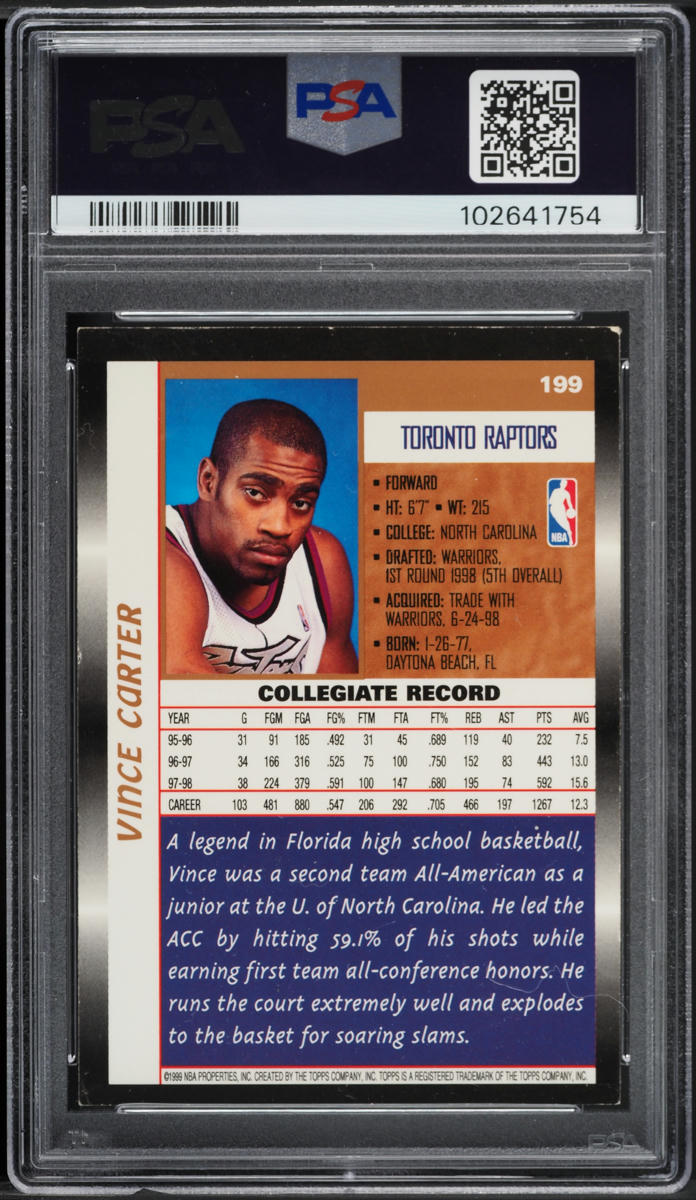 1998 Topps Basketball Vince Carter ROOKIE #199 PSA 3 VG