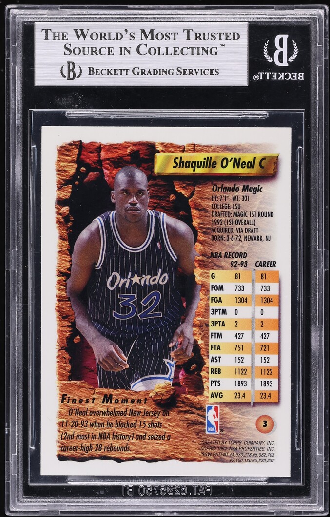1993 Finest Basketball Shaquille O'Neal #3 BGS 9 MINT