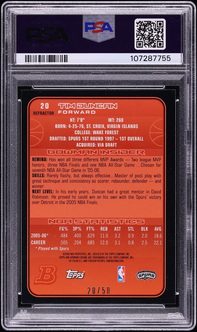 2006 Bowman Chrome Gold Refractor Tim Duncan /50 #20 PSA 9 MINT - Photo 2