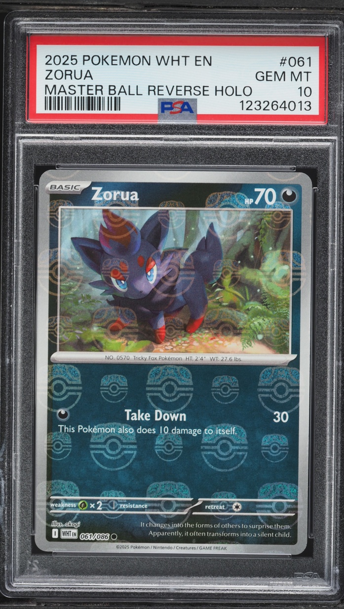 2025 Pokemon Scarlet & Violet White Flare Master Ball Reverse Holo Zorua #061 PSA 10 GEM MINT