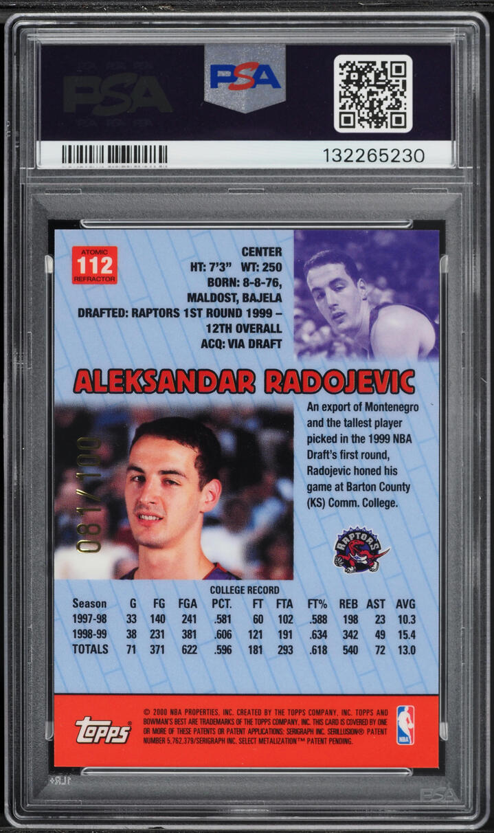 1999 Bowman's Best Atomic Refractor Aleksandar Radojevic ROOKIE /100 #112 PSA 6 EXMT