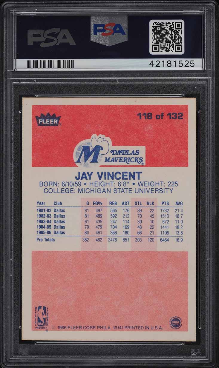 1986 Fleer Basketball Jay Vincent #118 PSA 9 MINT